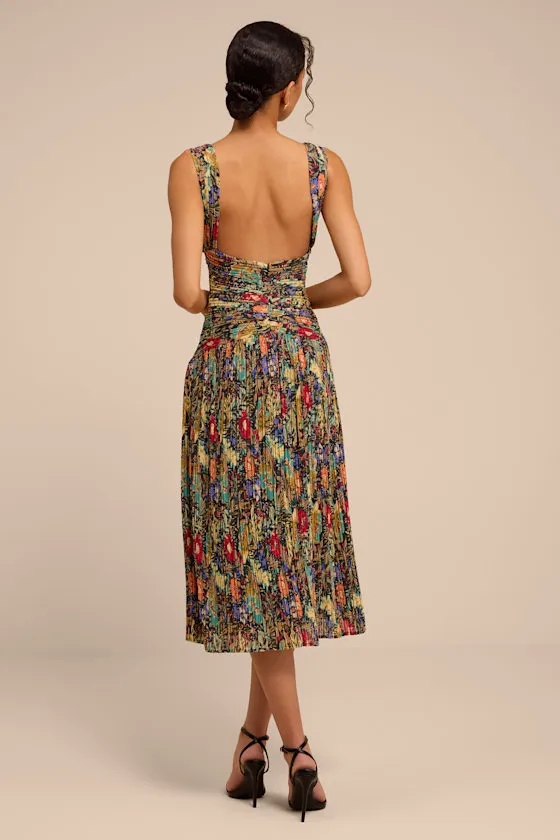 Kelina Black Multi Floral Pleated Drop Waist Midi Dress sold by Lulus product image thumbnail 3