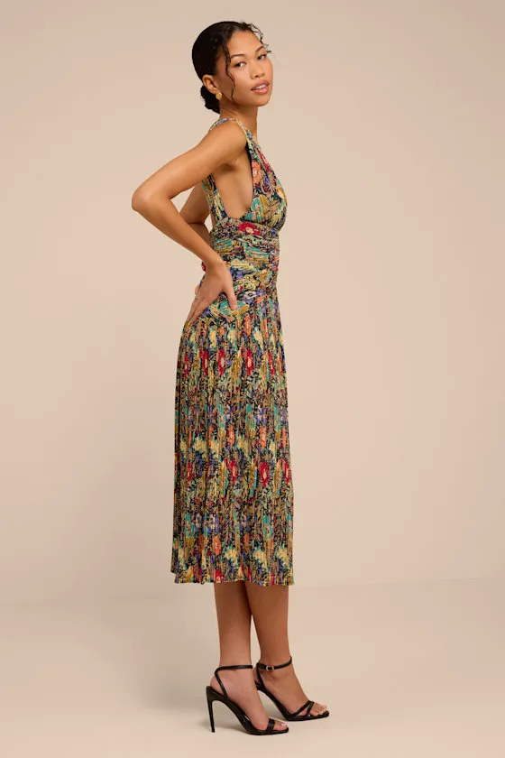 Kelina Black Multi Floral Pleated Drop Waist Midi Dress sold by Lulus product image thumbnail 4