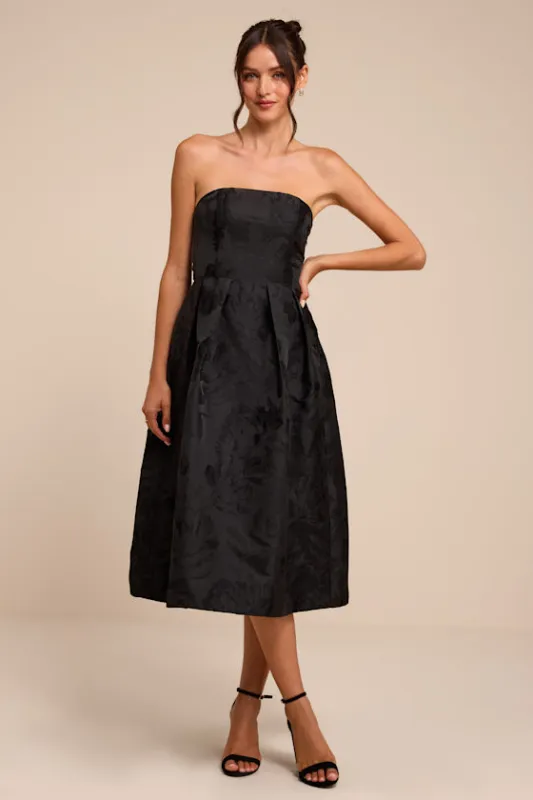 Laurelin Black Floral Jacquard Strapless Midi Dress made by Lulus