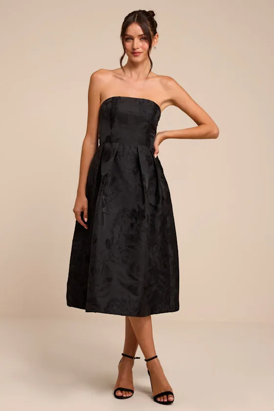 Laurelin Black Floral Jacquard Strapless Midi Dress sold by Lulus
