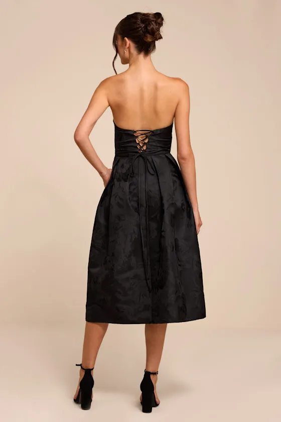 Laurelin Black Floral Jacquard Strapless Midi Dress sold by Lulus product image thumbnail 3