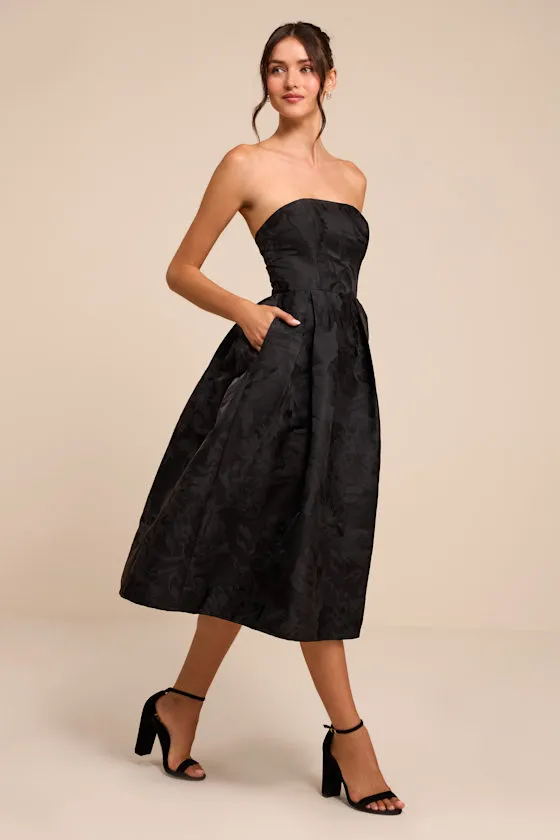 Laurelin Black Floral Jacquard Strapless Midi Dress sold by Lulus product image thumbnail 4