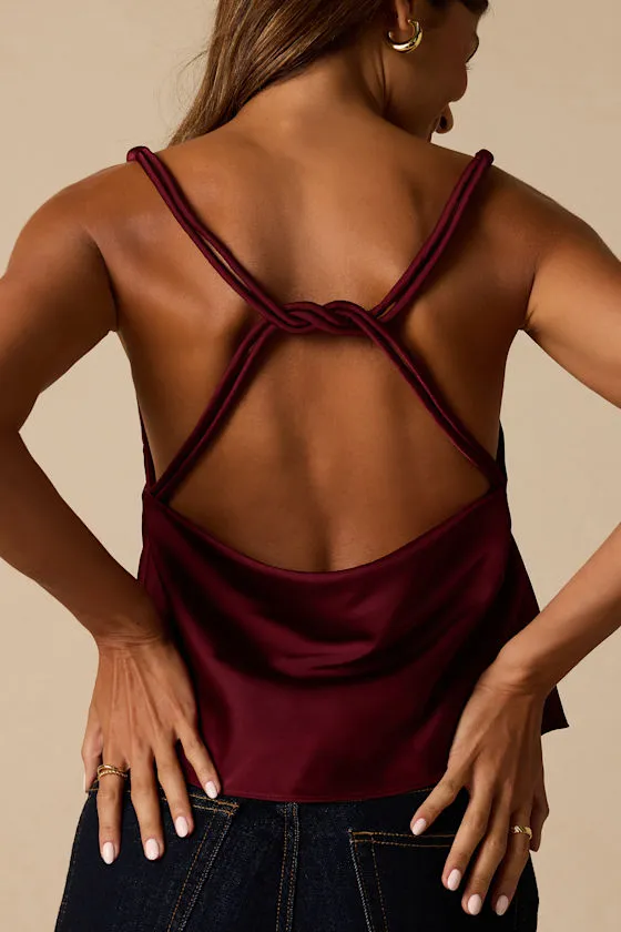 Ariel Maroon Satin Cowl Neck Tank Top sold by Lulus