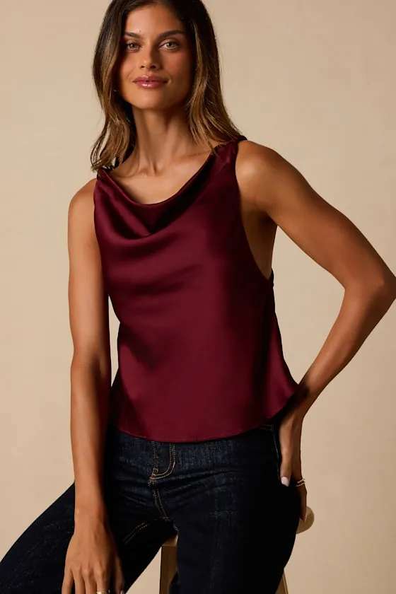 Ariel Maroon Satin Cowl Neck Tank Top sold by Lulus product image thumbnail 2