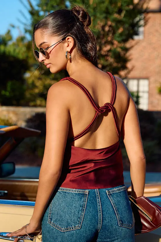 Ariel Maroon Satin Cowl Neck Tank Top sold by Lulus product image thumbnail 3