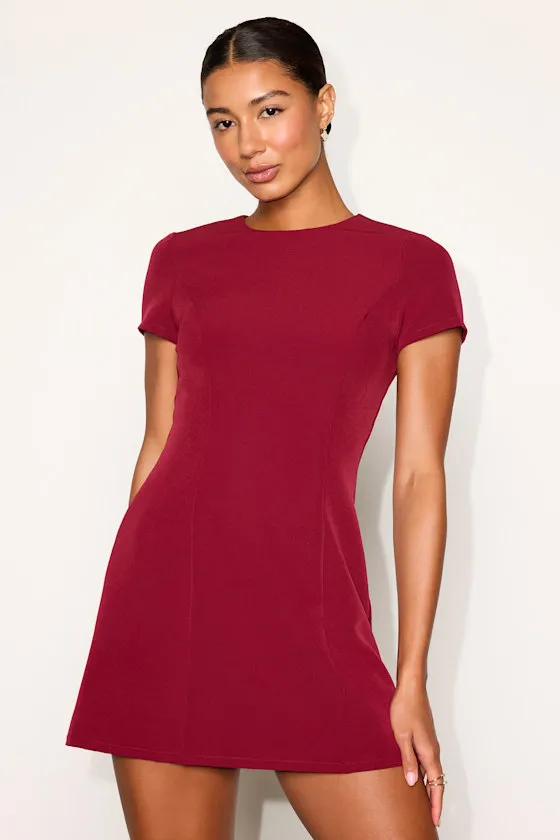Renetta Burgundy Ponte Knit Short Sleeve Mini Dress sold by Lulus product image thumbnail 2