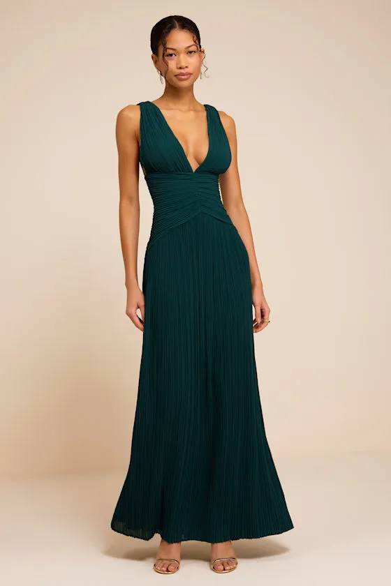 Kelina Emerald Green Pleated Drop Waist Maxi Dress sold by Lulus