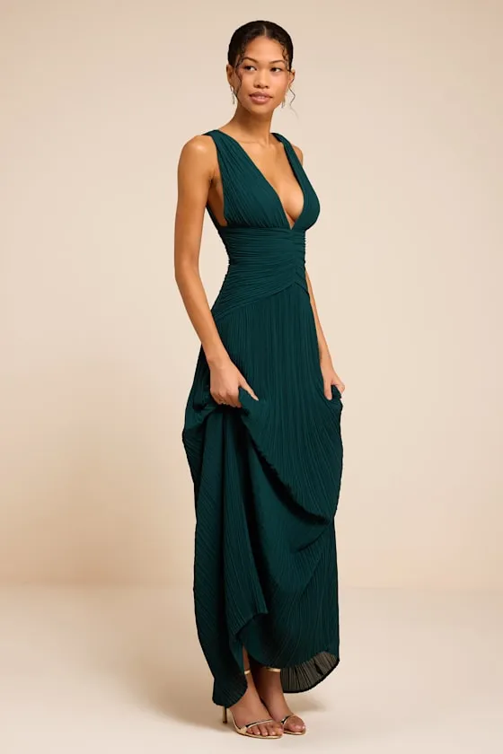Kelina Emerald Green Pleated Drop Waist Maxi Dress sold by Lulus product image thumbnail 4