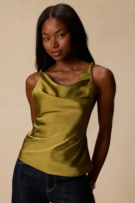 Ariel Olive Satin Cowl Neck Tank Top sold by Lulus