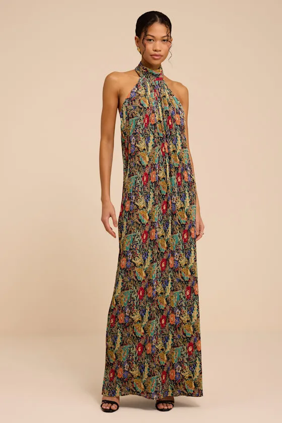 Marta Multi Floral Pleated Backless Maxi Dress sold by Lulus