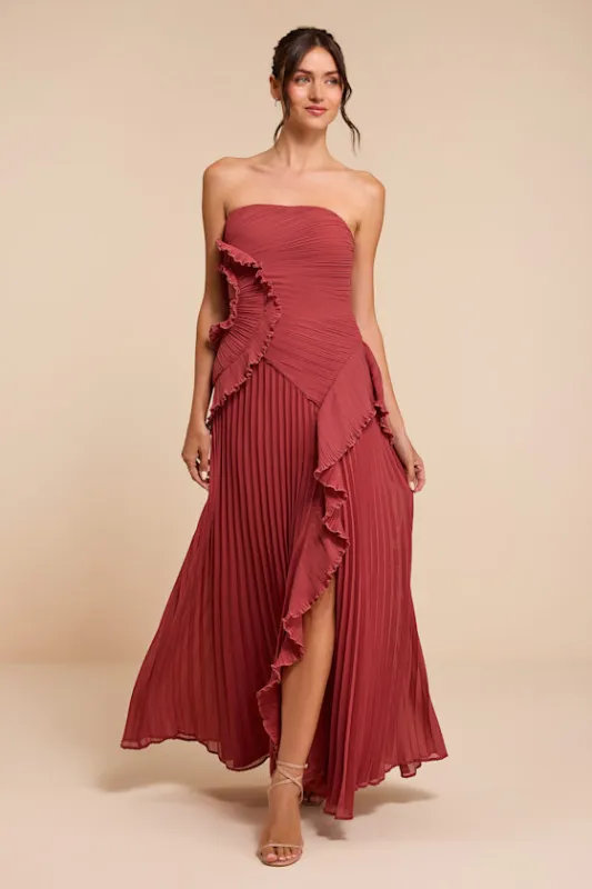 Brylee Rusty Rose Pleated Ruffled Maxi Dress made by Lulus