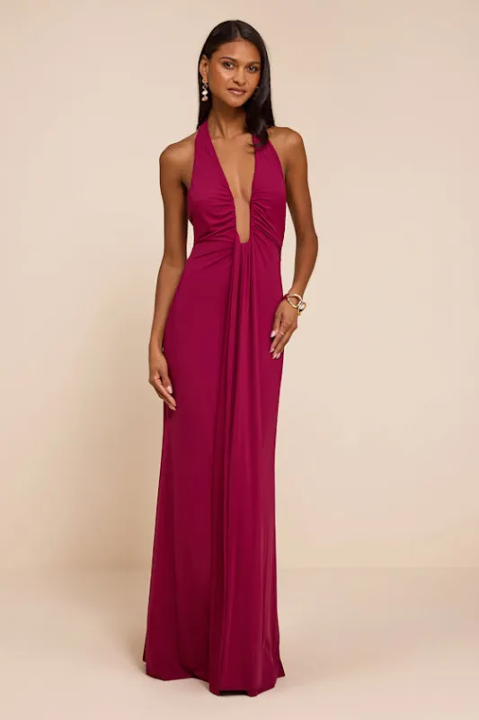 Dorena Berry Red Jersey Knit Halter Sash Maxi Dress made by Lulus