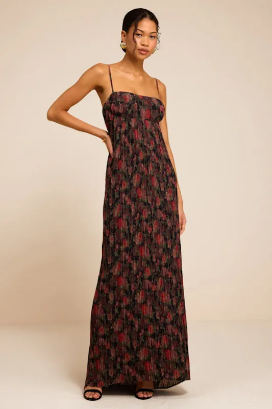 Avi Black Floral Print Pleated Sleeveless Maxi Dress made by Lulus