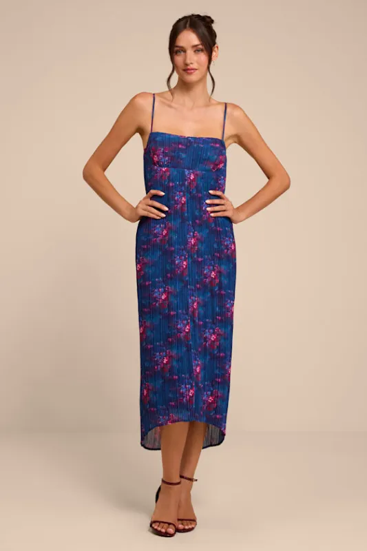 Avi Blue Floral Print Pleated Sleeveless Midi Dress made by Lulus