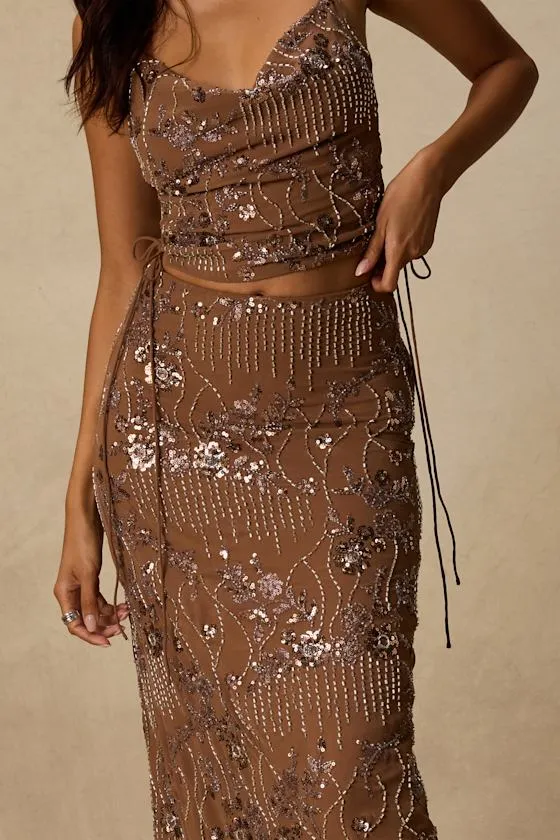 Avis Brown Sequin Beaded Midi Skirt sold by Lulus product image thumbnail 4