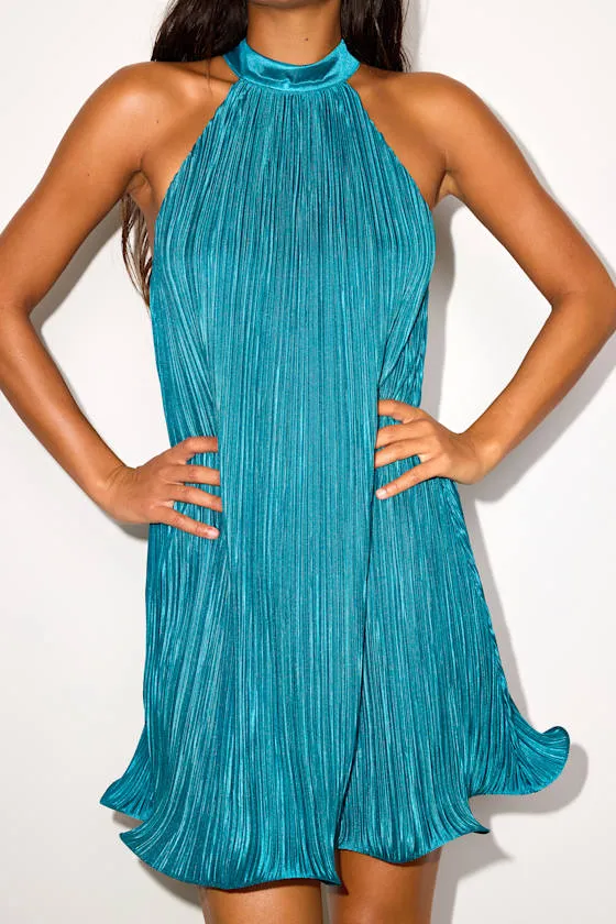 Vaivah Teal Satin Plisse Mock Neck Swing Mini Dress sold by Lulus product image thumbnail 4
