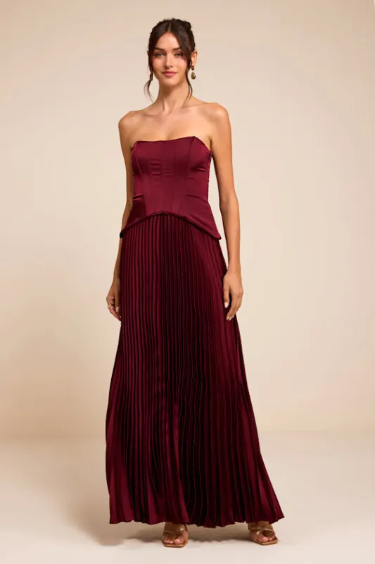 Makani Wine Red Satin Bustier Maxi Dress made by Lulus