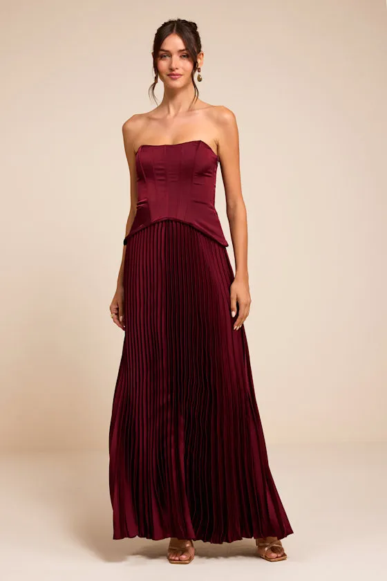Makani Wine Red Satin Bustier Maxi Dress sold by Lulus