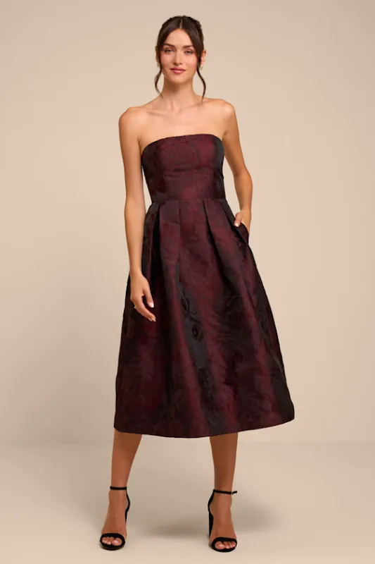 Laurelin Burgundy Floral Jacquard Strapless Midi Dress made by Lulus