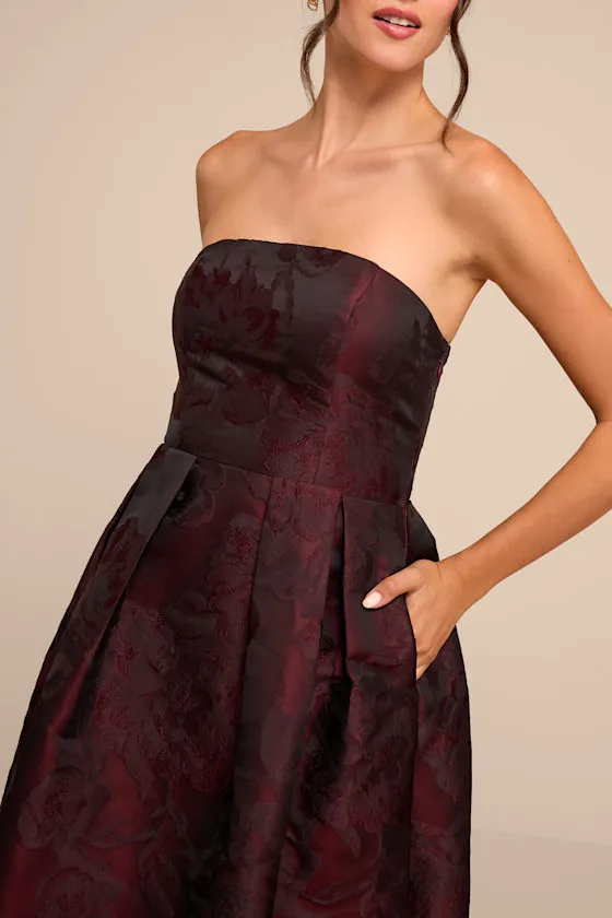 Laurelin Burgundy Floral Jacquard Strapless Midi Dress sold by Lulus product image thumbnail 2