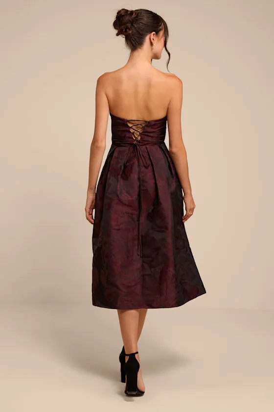 Laurelin Burgundy Floral Jacquard Strapless Midi Dress sold by Lulus product image thumbnail 3