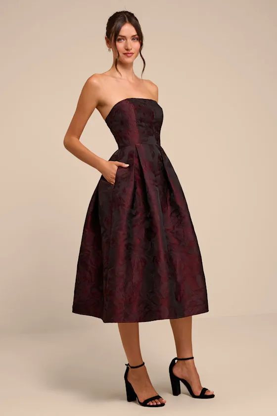 Laurelin Burgundy Floral Jacquard Strapless Midi Dress sold by Lulus product image thumbnail 4
