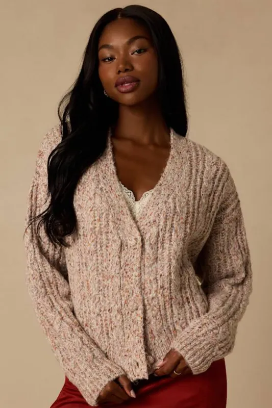 Amori Taupe Marled Cable Knit Cardigan made by Lush