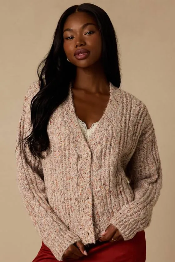 Amori Taupe Marled Cable Knit Cardigan sold by Lulus