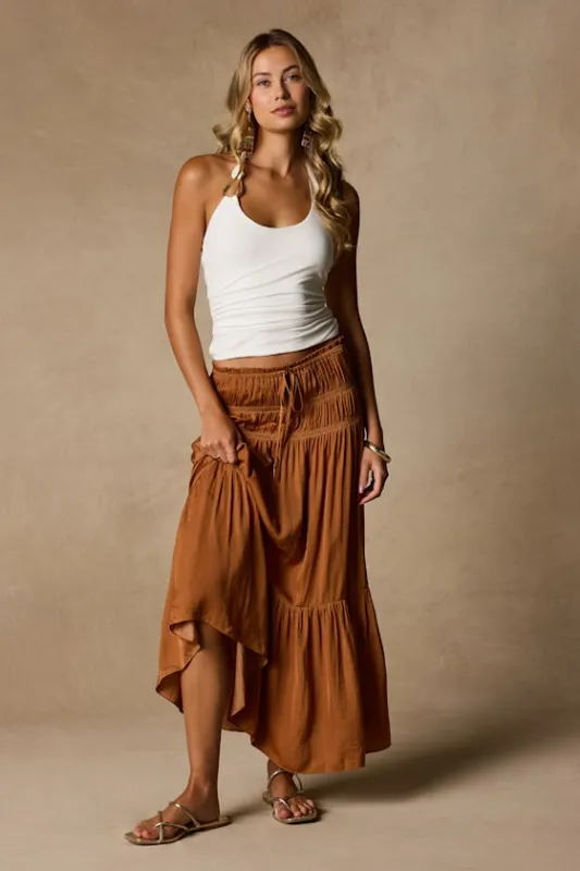 Goldie Light Brown Ruched Midi Skirt made by Lulus