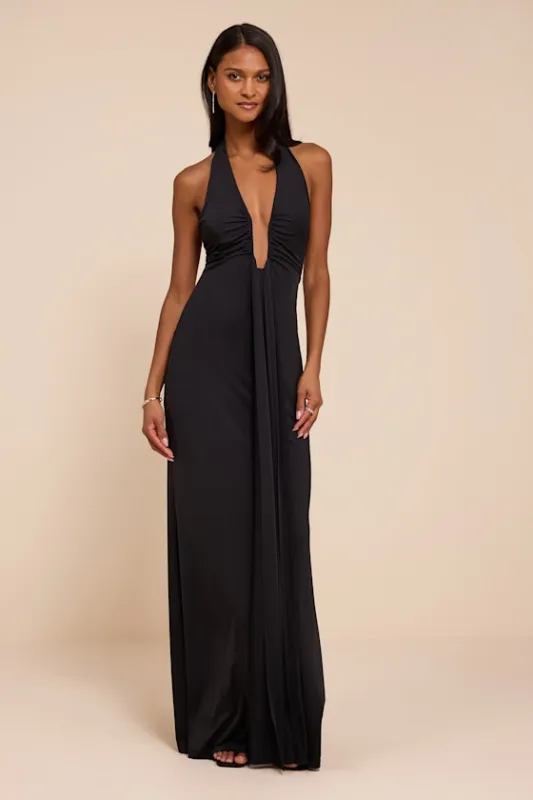 Dorena Black Jersey Knit Halter Sash Maxi Dress made by Lulus