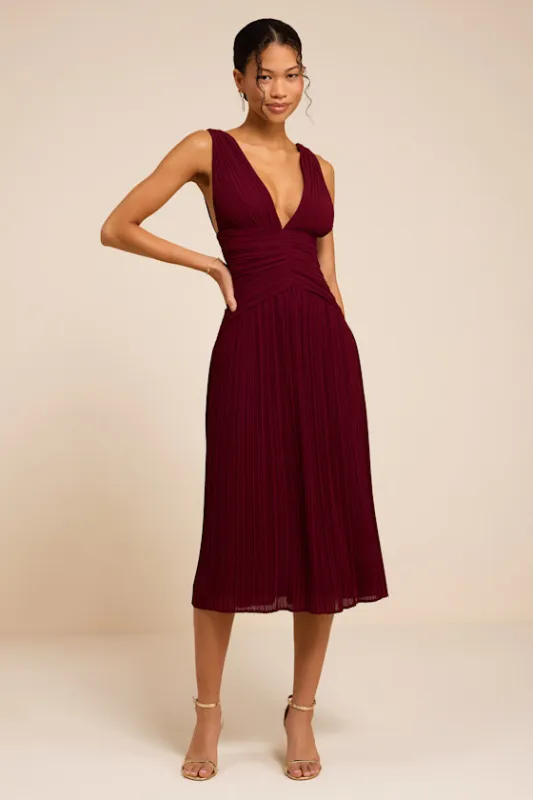 Kelina Burgundy Pleated Drop Waist Midi Dress made by Lulus