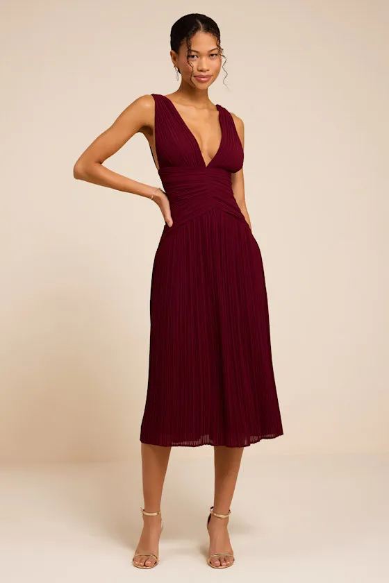 Kelina Burgundy Pleated Drop Waist Midi Dress sold by Lulus