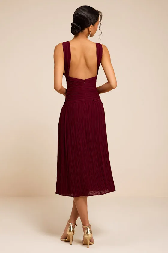 Kelina Burgundy Pleated Drop Waist Midi Dress sold by Lulus product image thumbnail 3