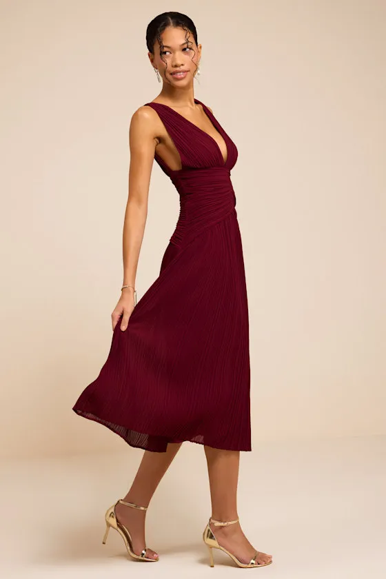 Kelina Burgundy Pleated Drop Waist Midi Dress sold by Lulus product image thumbnail 4