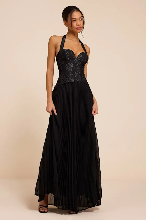 Dame Black Lace Bustier Maxi Dress sold by Lulus