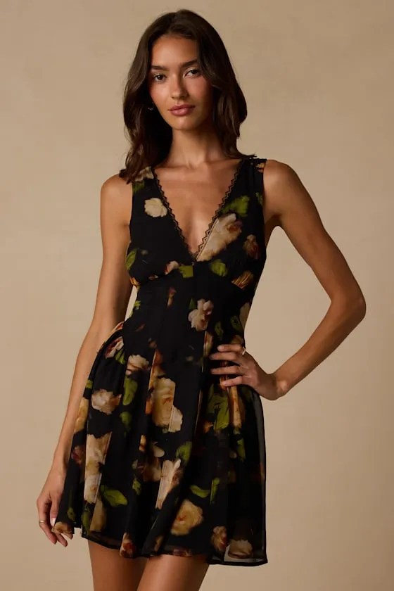 Kristen Black Floral Print Mini Dress sold by Lulus