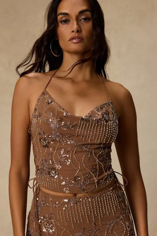 Avis Brown Beaded Sequin Lace-Up Top made by Lulus