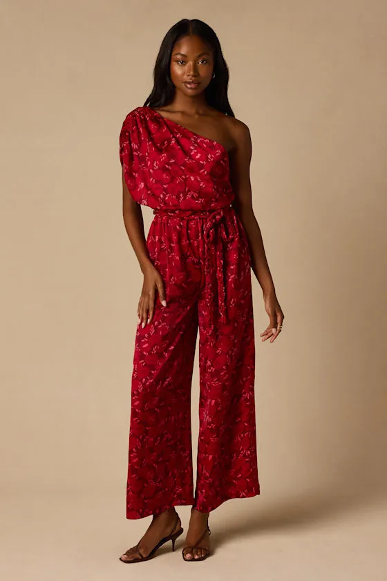 Diana Red Floral One-Shoulder Jumpsuit sold by Lulus