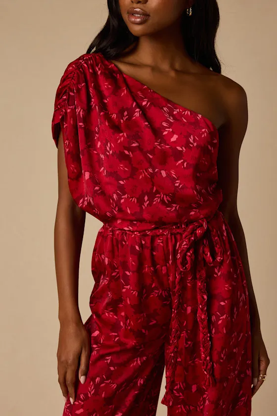 Diana Red Floral One-Shoulder Jumpsuit sold by Lulus product image thumbnail 4