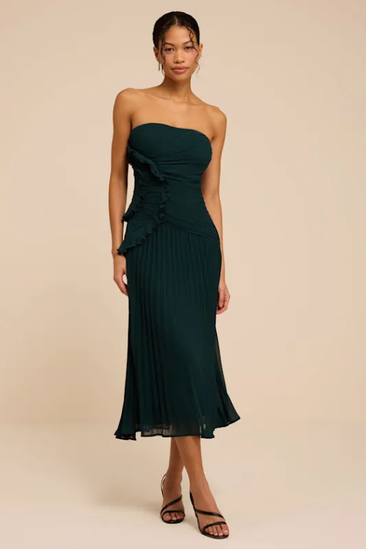 Talicia Emerald Pleated Ruffled Midi Dress made by Lulus