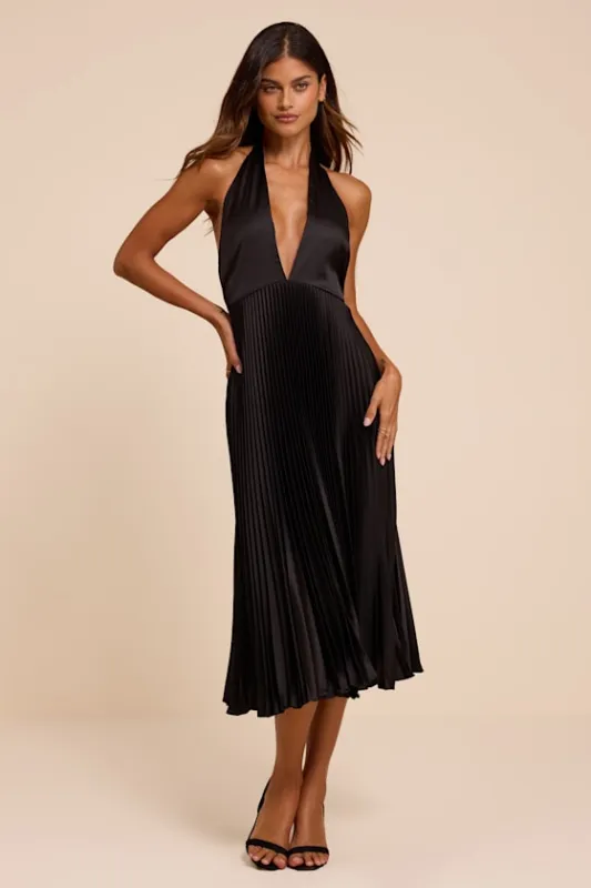 Rhoda Black Satin Halter Midi Dress made by Lulus