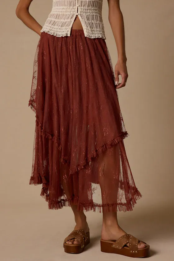 Briony Brown Lace Ruffled Midi Skirt sold by Lulus product image thumbnail 2