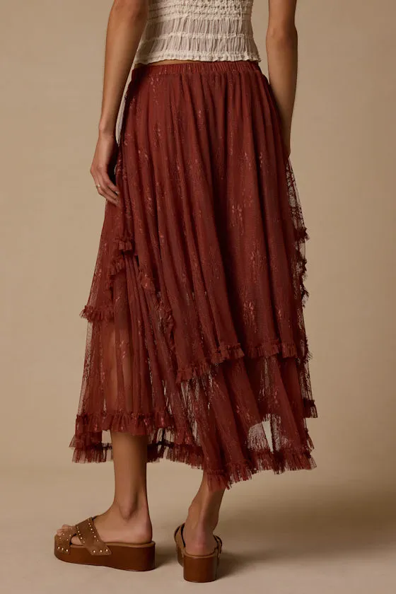 Briony Brown Lace Ruffled Midi Skirt sold by Lulus product image thumbnail 3