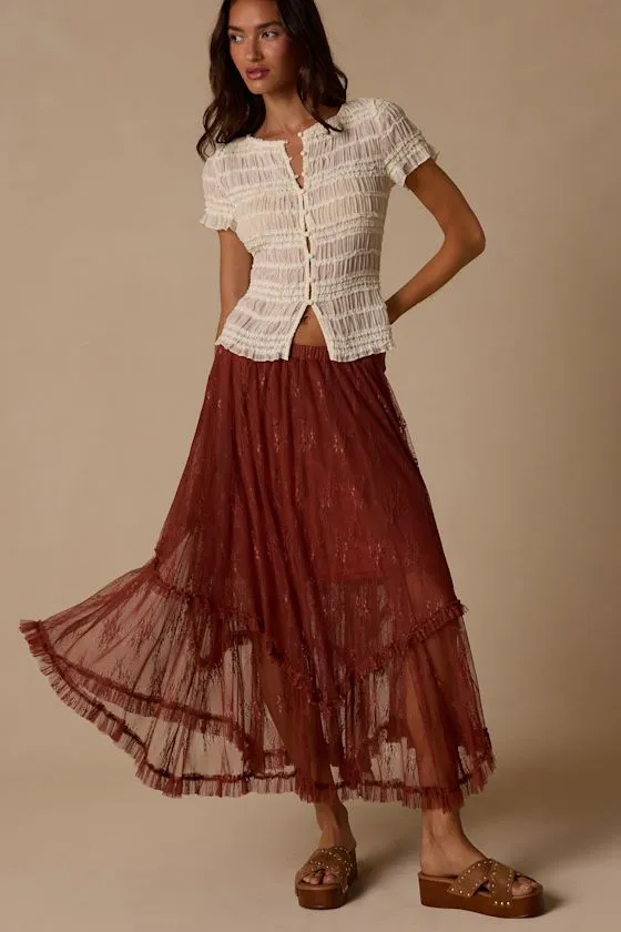 Briony Brown Lace Ruffled Midi Skirt sold by Lulus product image thumbnail 4