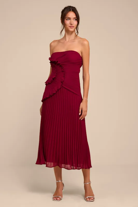 Brylee Burgundy Pleated Ruffled Midi Dress made by Lulus