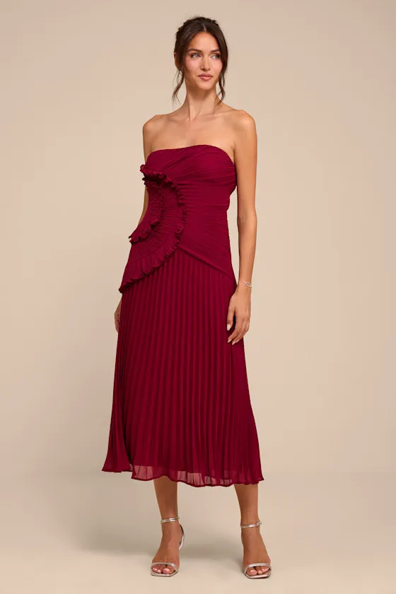 Brylee Burgundy Pleated Ruffled Midi Dress sold by Lulus