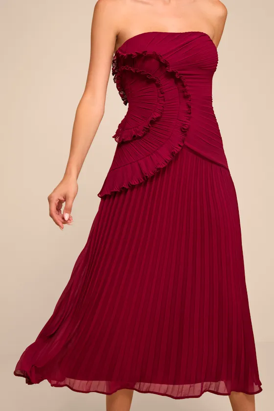 Brylee Burgundy Pleated Ruffled Midi Dress sold by Lulus product image thumbnail 2