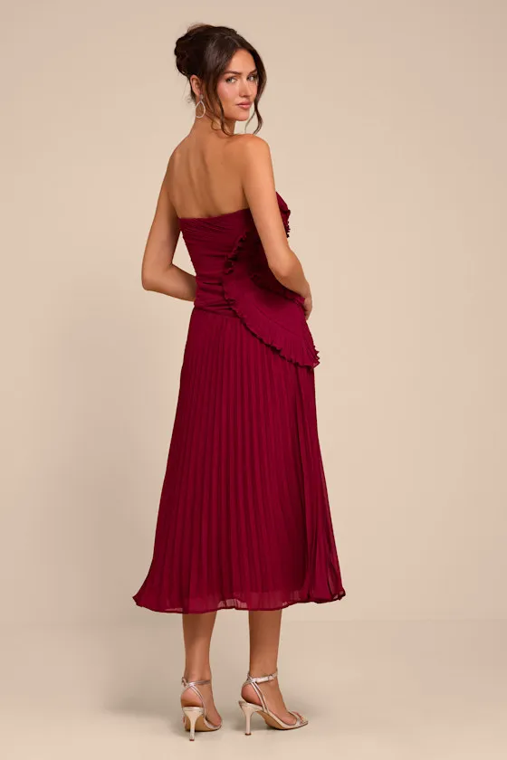 Brylee Burgundy Pleated Ruffled Midi Dress sold by Lulus product image thumbnail 3