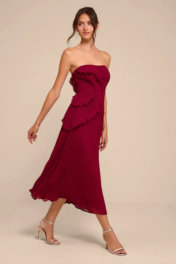 Brylee Burgundy Pleated Ruffled Midi Dress sold by Lulus product image thumbnail 4