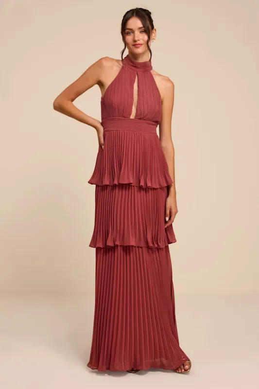 Mavia Rusty Rose Pleated Cutout Tiered Maxi Dress made by Lulus
